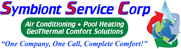 Symbiont Service Corp. logo, Air Conditioning, Pool Heating GeoThermal Comfort Solutions, tagline: one company, one call, complete comfort